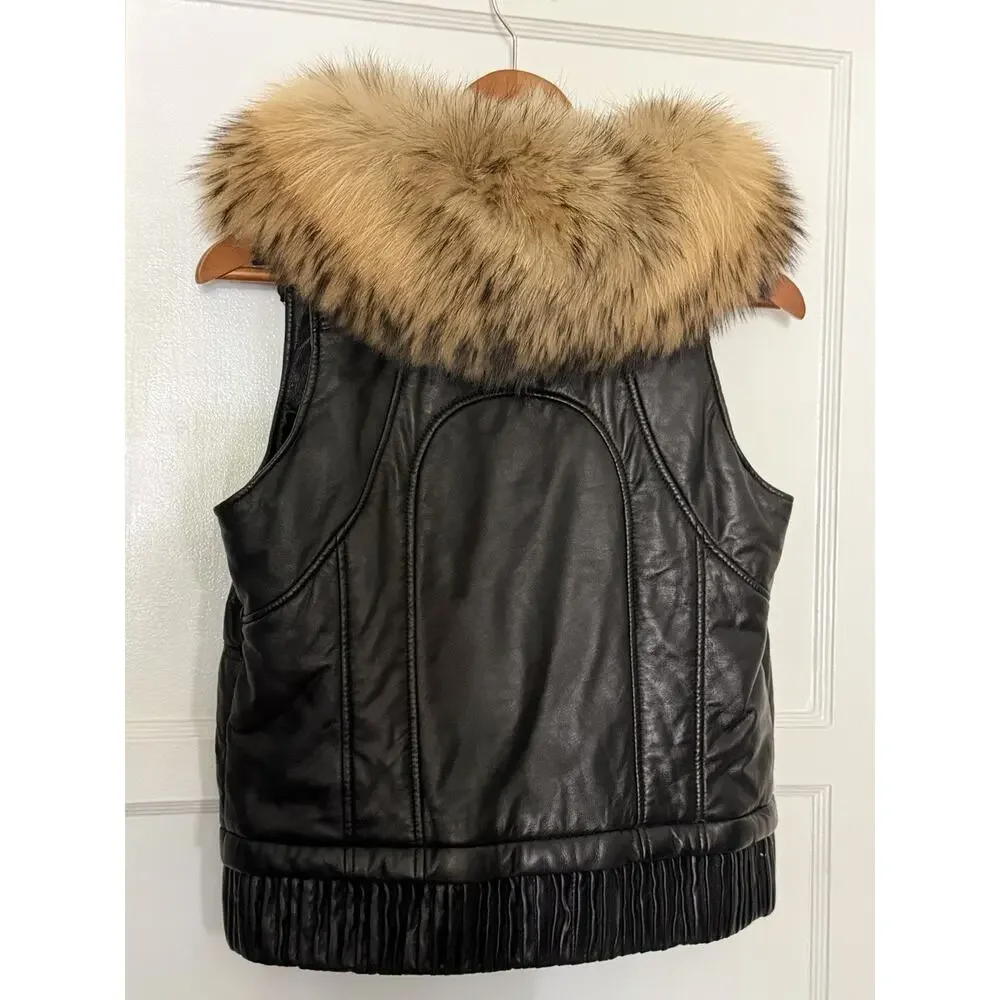 Women's Only Unique Appearance Black‎ Leather Vest Fox Removable Collar Sz XS